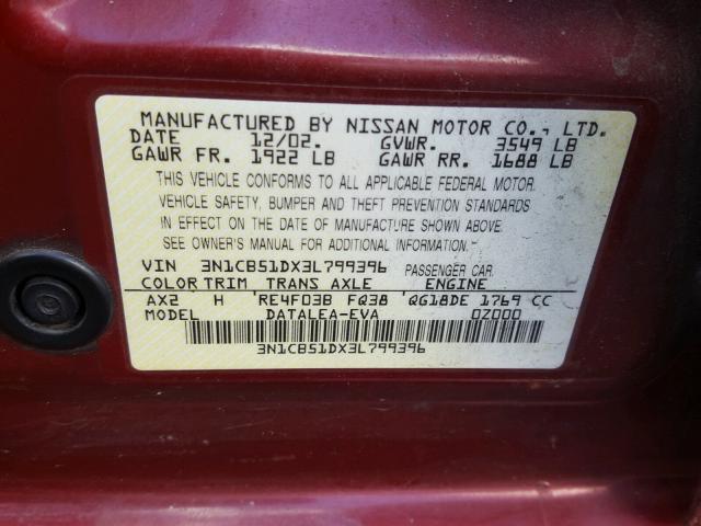 3N1CB51DX3L799396 - 2003 NISSAN SENTRA XE RED photo 10