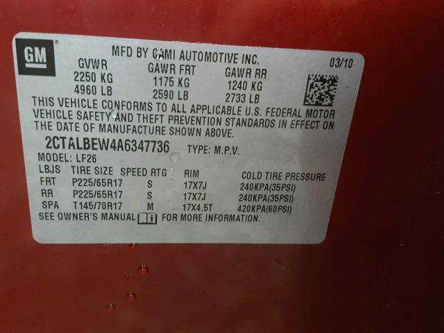 2CTALBEW4A6347736 - 2010 GMC TERRAIN SL RED photo 10