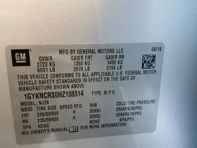 1GYKNCRS0HZ108314 - 2017 CADILLAC XT5 PREMIU SILVER photo 10