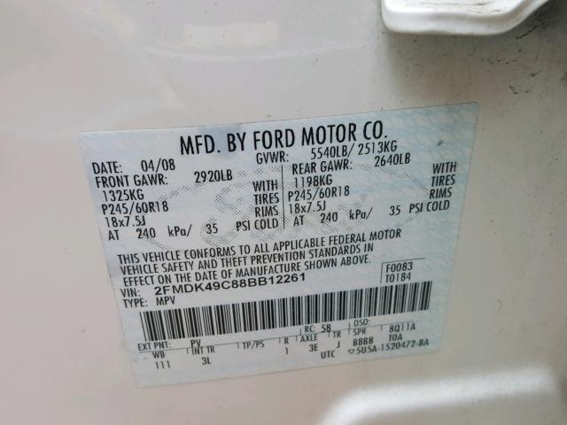 2FMDK49C88BB12261 - 2008 FORD EDGE LIMIT WHITE photo 10