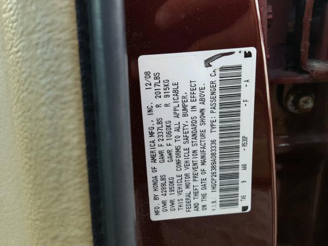 1HGCP26389A083336 - 2009 HONDA ACCORD LX MAROON photo 10