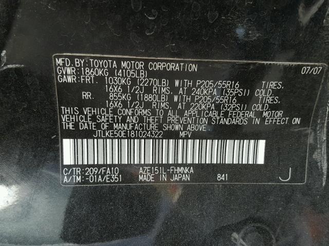 JTLKE50E181024322 - 2008 TOYOTA SCION XB Қара фото 10