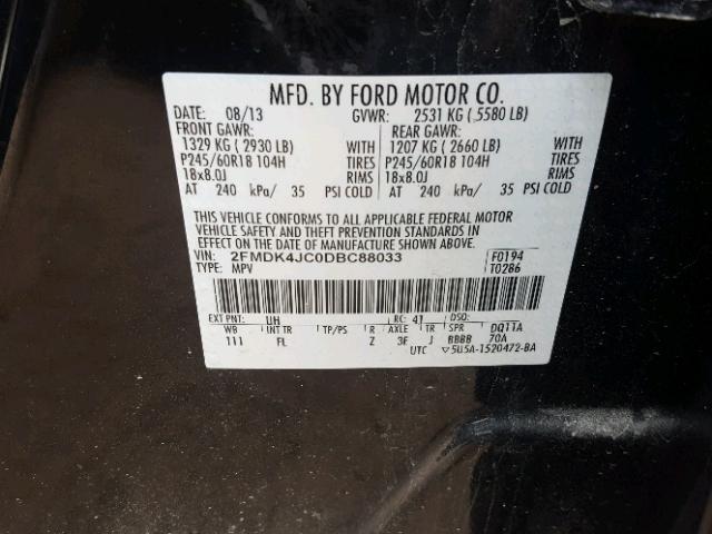 2FMDK4JC0DBC88033 - 2013 FORD EDGE SEL BLACK photo 10