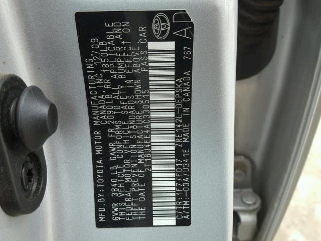 2T1BU4EE4AC330515 - 2010 TOYOTA COROLLA SILVER photo 10