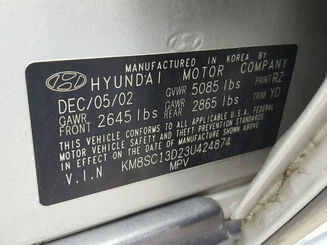 KM8SC13D23U424874 - 2003 HYUNDAI SANTA FE G SILVER photo 10