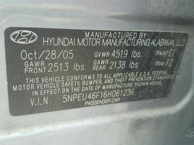 5NPEU46F16H061236 - 2006 HYUNDAI SONATA GLS GRAY photo 10