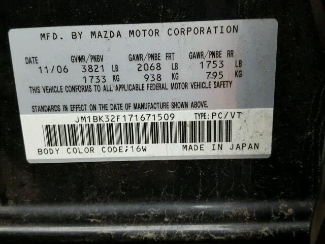 JM1BK32F171671509 - 2007 MAZDA 3 I BLACK photo 10