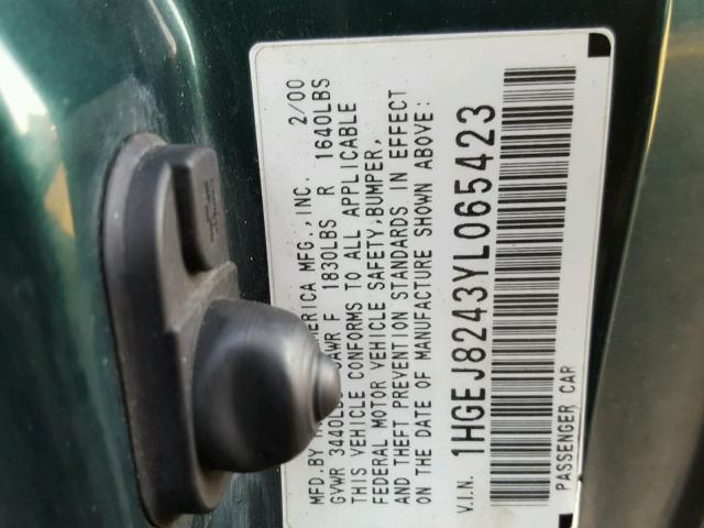 1HGEJ8243YL065423 - 2000 HONDA CIVIC EX GREEN photo 10