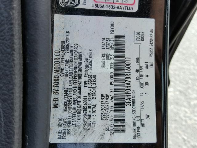 3FAHP0HA7BR160011 - 2011 FORD FUSION SE BLACK photo 10