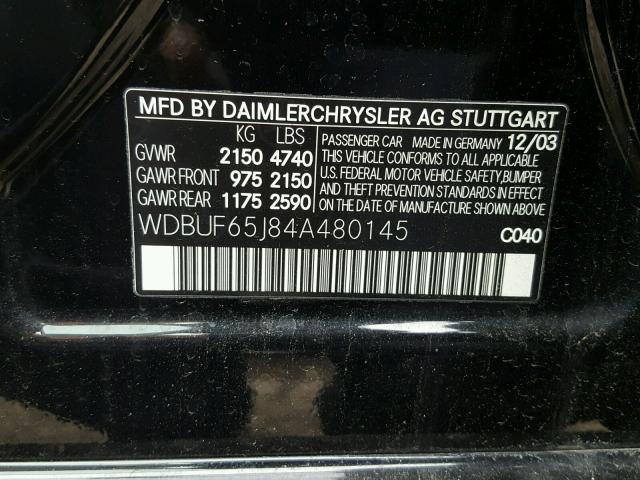 WDBUF65J84A480145 - 2004 MERCEDES-BENZ E 320 BLACK photo 10