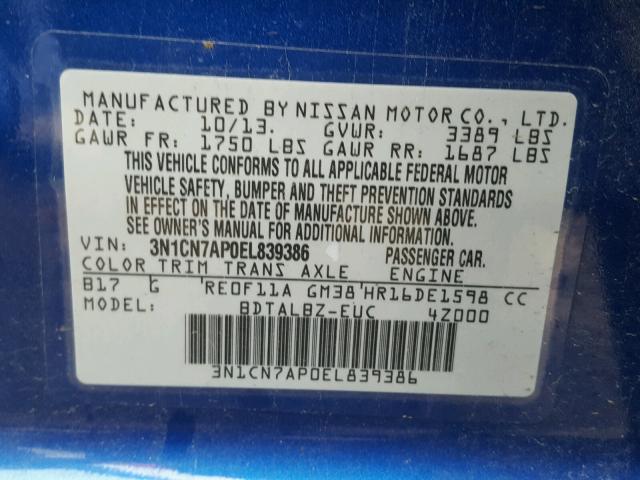 3N1CN7AP0EL839386 - 2014 NISSAN VERSA S BLUE photo 10