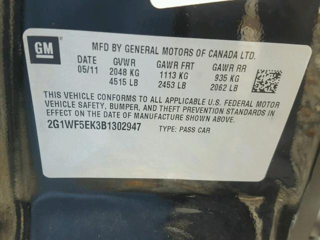 2G1WF5EK3B1302947 - 2011 CHEVROLET IMPALA LS BLACK photo 10