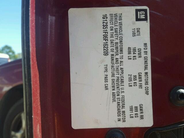 1G1ZS51F06F162209 - 2006 CHEVROLET MALIBU LS მუქწითელი ფოტო 10