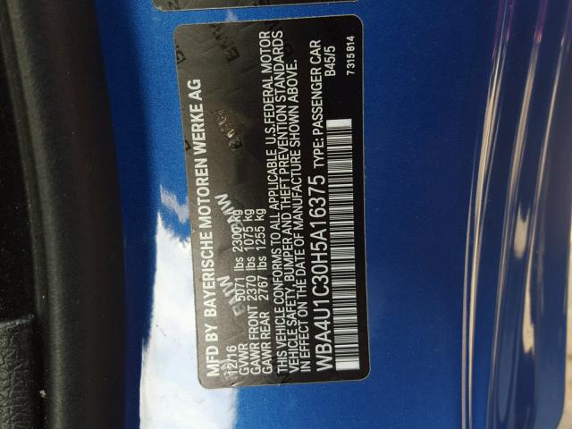 WBA4U1C30H5A16375 - 2017 BMW 440XI BLUE photo 10