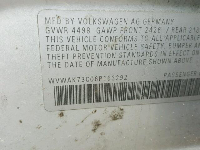 WVWAK73C06P163292 - 2006 VOLKSWAGEN PASSAT 2.0 SILVER photo 10