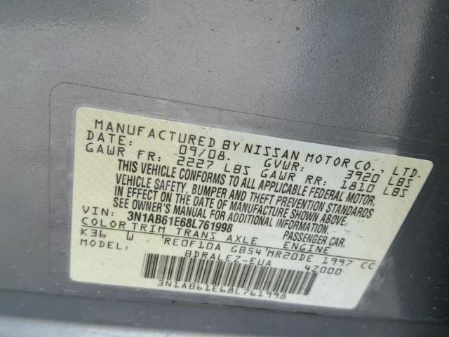 3N1AB61E68L761998 - 2008 NISSAN SENTRA SILVER photo 10