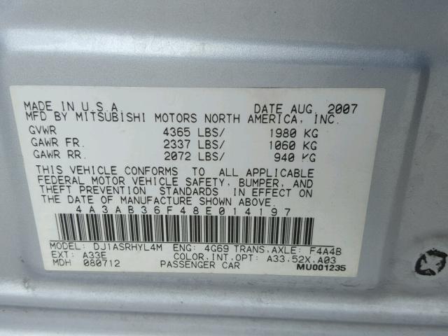 4A3AB36F48E014197 - 2008 MITSUBISHI GALANT ES SILVER photo 10