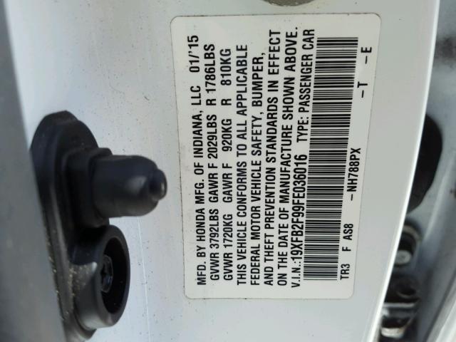 19XFB2F99FE036016 - 2015 HONDA CIVIC EXL Ağ foto 10