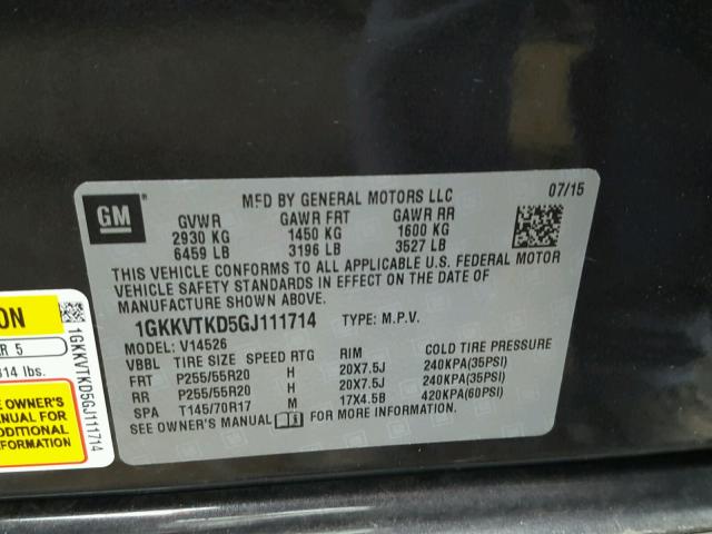 1GKKVTKD5GJ111714 - 2016 GMC ACADIA DEN GRAY photo 10