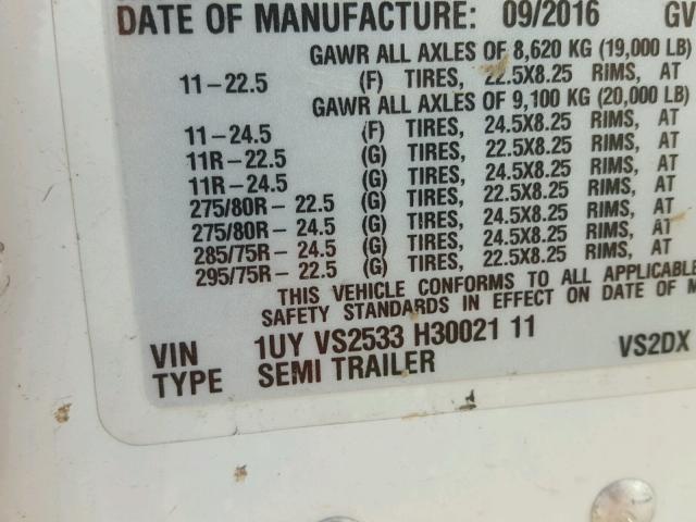 1UYVS2533H3002111 - 2017 UTILITY TRAILER WHITE photo 10