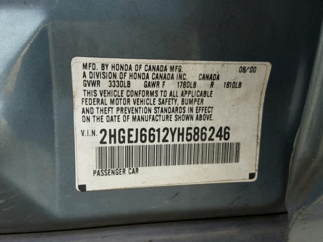 2HGEJ6612YH586246 - 2000 HONDA CIVIC BASE 绿色 照片 10