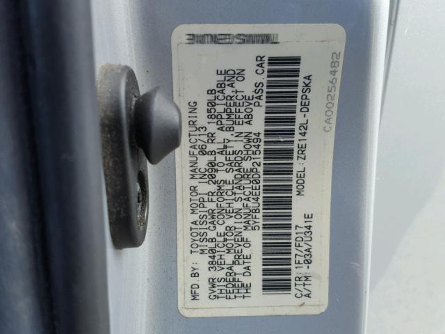 5YFBU4EE0DP215494 - 2013 TOYOTA COROLLA BA SILVER photo 10