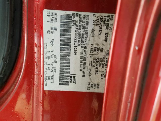 5LMFU28R22LJ10359 - 2002 LINCOLN NAVIGATOR 勃艮第红 照片 10