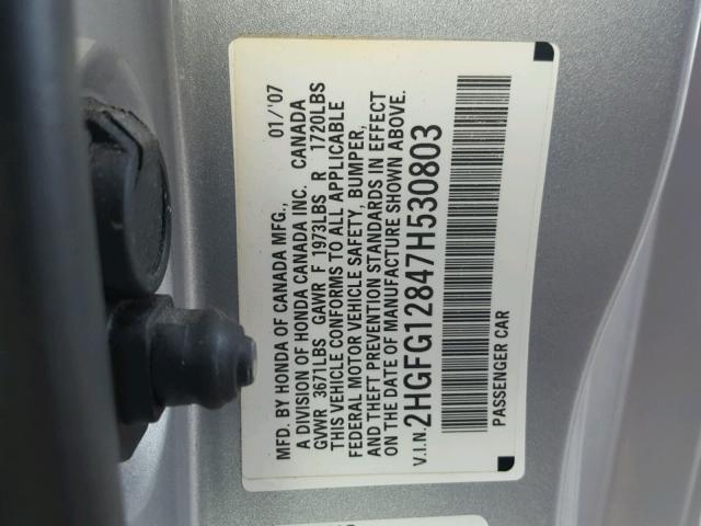 2HGFG12847H530803 - 2007 HONDA CIVIC EX SILVER photo 10