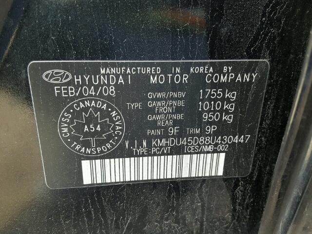 KMHDU45D88U430447 - 2008 HYUNDAI ELANTRA GL BLACK photo 10