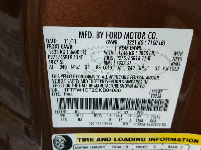 1FTFW1CT2CKD04086 - 2012 FORD F150 SUPER BROWN photo 10