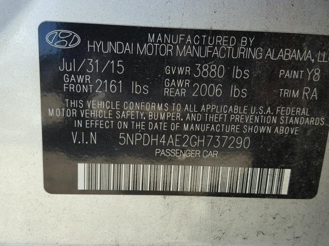 5NPDH4AE2GH737290 - 2016 HYUNDAI ELANTRA SE SILVER photo 10