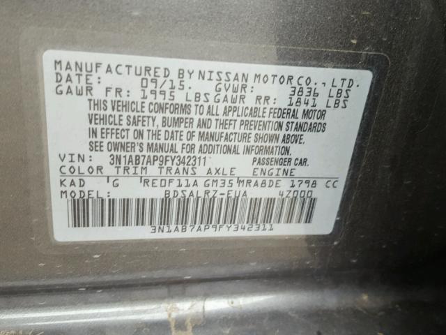 3N1AB7AP9FY342311 - 2015 NISSAN SENTRA S GRAY photo 10