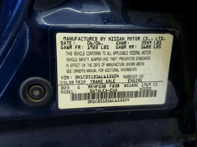 3N1CB51D16L613104 - 2006 NISSAN SENTRA 1.8 BLUE photo 10