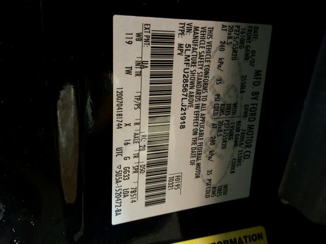 5LMFU28567LJ21918 - 2007 LINCOLN NAVIGATOR Czarny zdjęcie 10