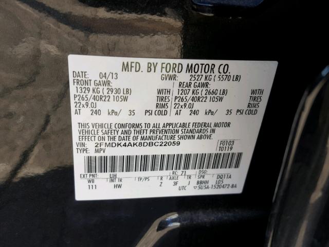 2FMDK4AK8DBC22059 - 2013 FORD EDGE SPORT BLACK photo 10