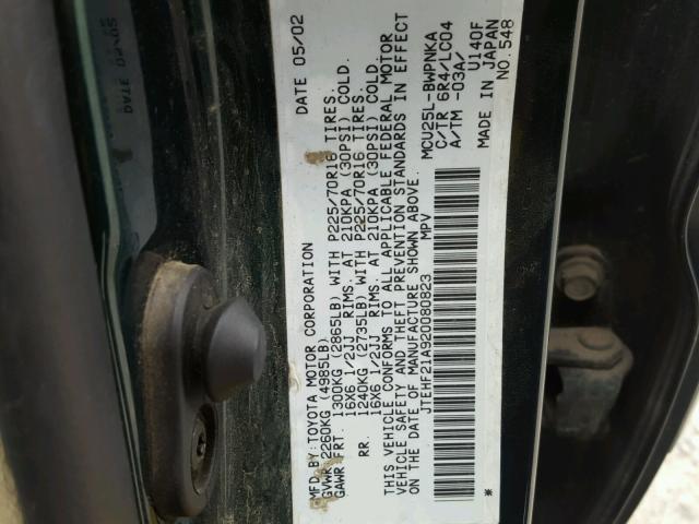 JTEHF21A920080823 - 2002 TOYOTA HIGHLANDER GREEN photo 10