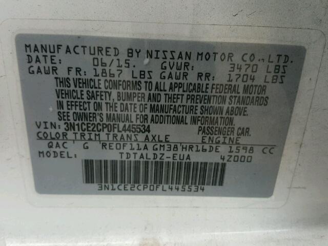 3N1CE2CP0FL445534 - 2015 NISSAN VERSA NOTE WHITE photo 10