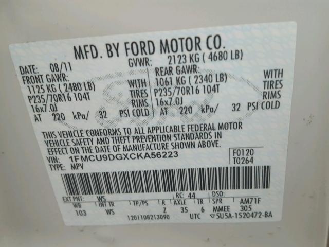 1FMCU9DGXCKA56223 - 2012 FORD ESCAPE XLT WHITE photo 10