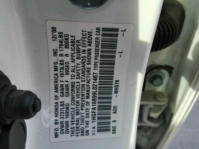 1HGFA16899L021467 - 2009 HONDA CIVIC EX WHITE photo 10