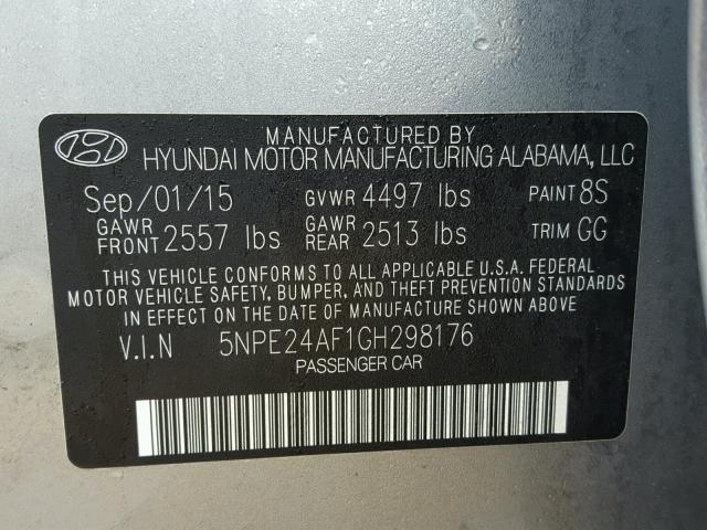 5NPE24AF1GH298176 - 2016 HYUNDAI SONATA SE GRAY photo 10