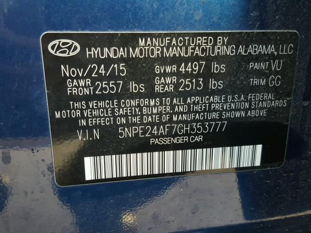 5NPE24AF7GH353777 - 2016 HYUNDAI SONATA BLUE photo 10