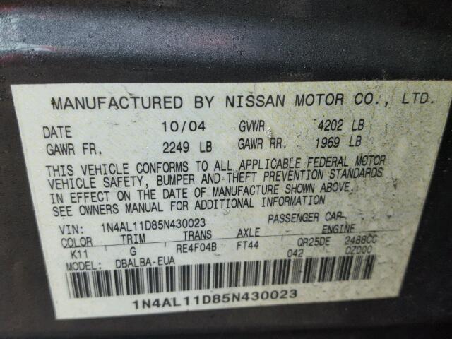 1N4AL11D85N430023 - 2005 NISSAN ALTIMA S GRAY photo 10