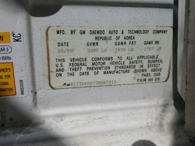 KL1TD66677B687919 - 2007 CHEVROLET AVEO BASE Ақ фото 10