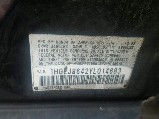 1HGEJ8642YL014683 - 2000 HONDA CIVIC EX შავი ფოტო 10