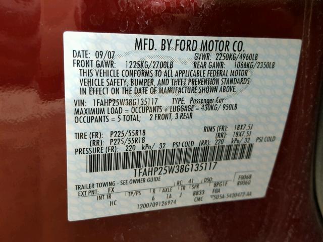 1FAHP25W38G135117 - 2008 FORD TAURUS LIM BURGUNDY photo 10