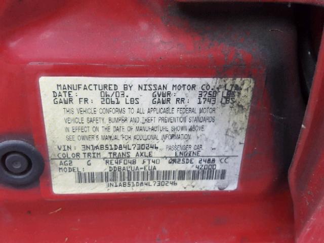 3N1AB51D84L730246 - 2004 NISSAN SENTRA SE- RED photo 10