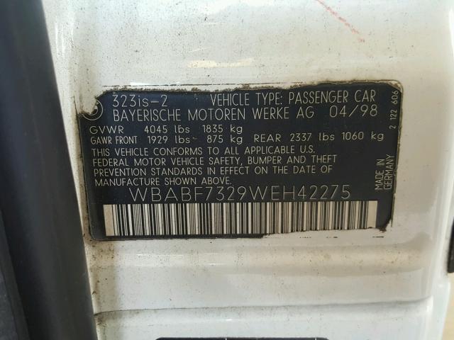 WBABF7329WEH42275 - 1998 BMW 323 IS WHITE photo 10