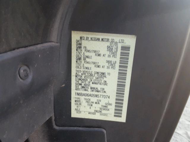 1N6BA06A05N577074 - 2005 NISSAN TITAN XE CHARCOAL photo 10