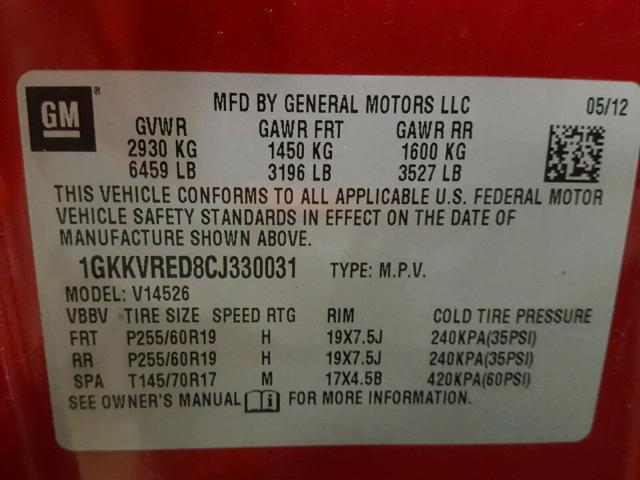 1GKKVRED8CJ330031 - 2012 GMC ACADIA SLT RED photo 10