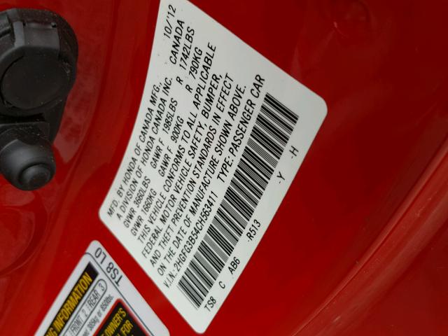 2HGFG3B54CH563411 - 2012 HONDA CIVIC LX RED photo 10